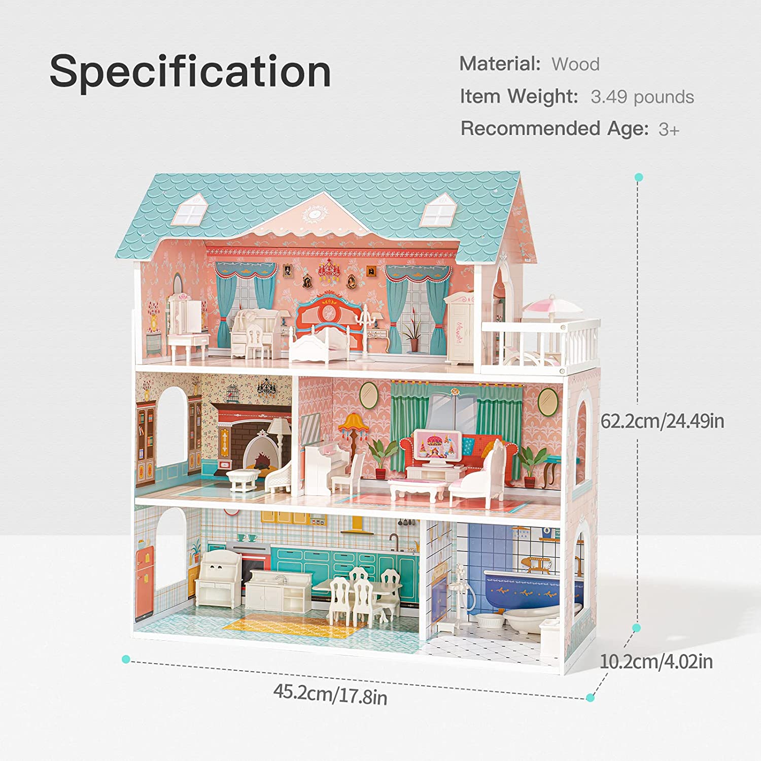 Wooden Dollhouse For Kids Girls Toy Gift. Features: Dreamhouse Dollhouse with Furniture & Accessories Features, Girl's dream dollhouse-Realistic Design and fun game experience, The interior is very colorful and illustrated with much detail, Sturdy and dur