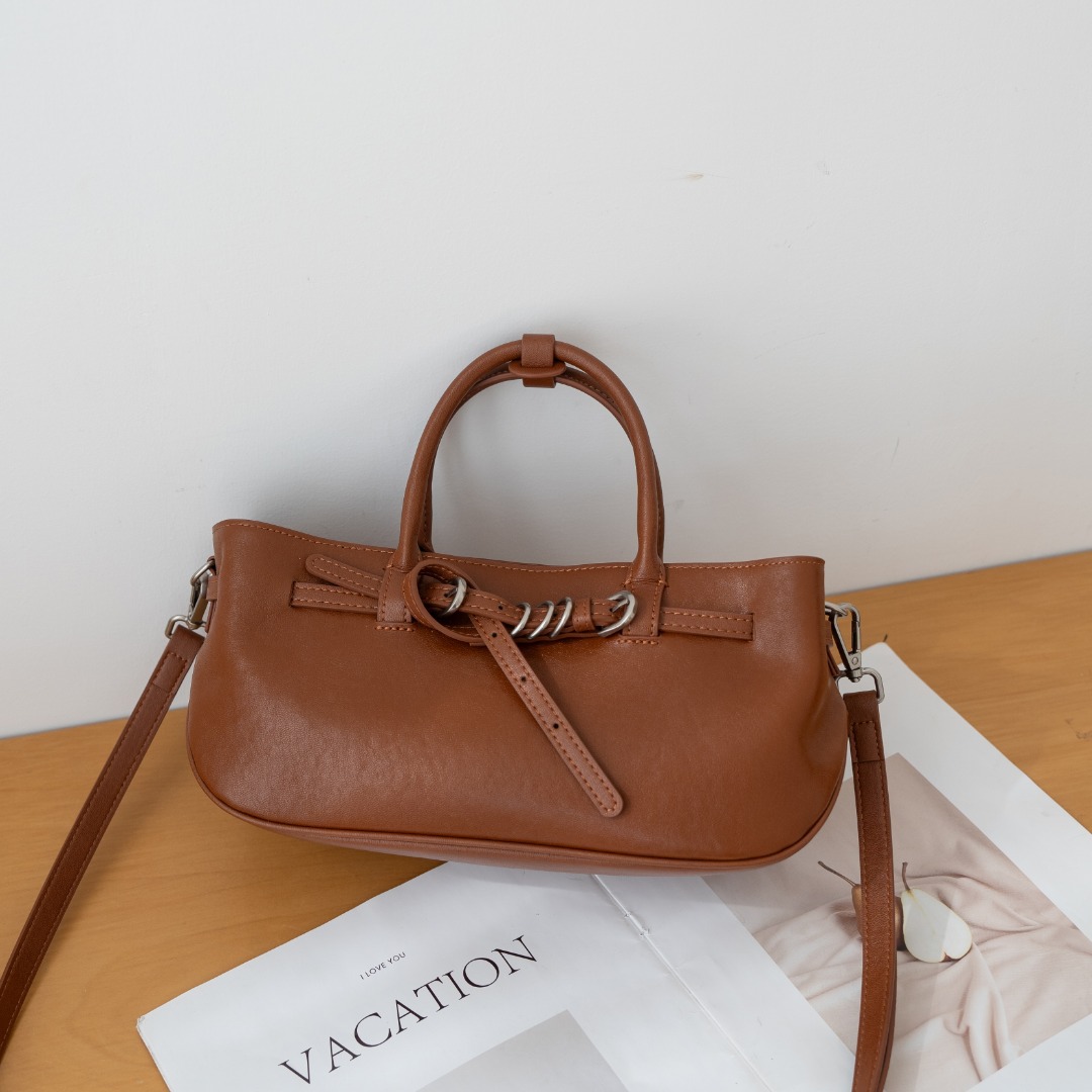 Vintage Vegetable-tanned Leather Handbag For Women, High-end Single-shoulder Bag With A Unique Belt Buckle Design, Genuine Leather Crossbody Bag
