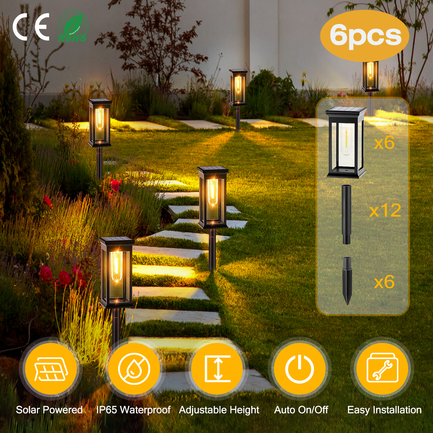 6Pack Solar Powered Stake Light Outdoor Decorative Landscape Lamp IP65 Waterproof Auto On Off Outdoor Light For Pathway Garden Yard Patio - Image 1