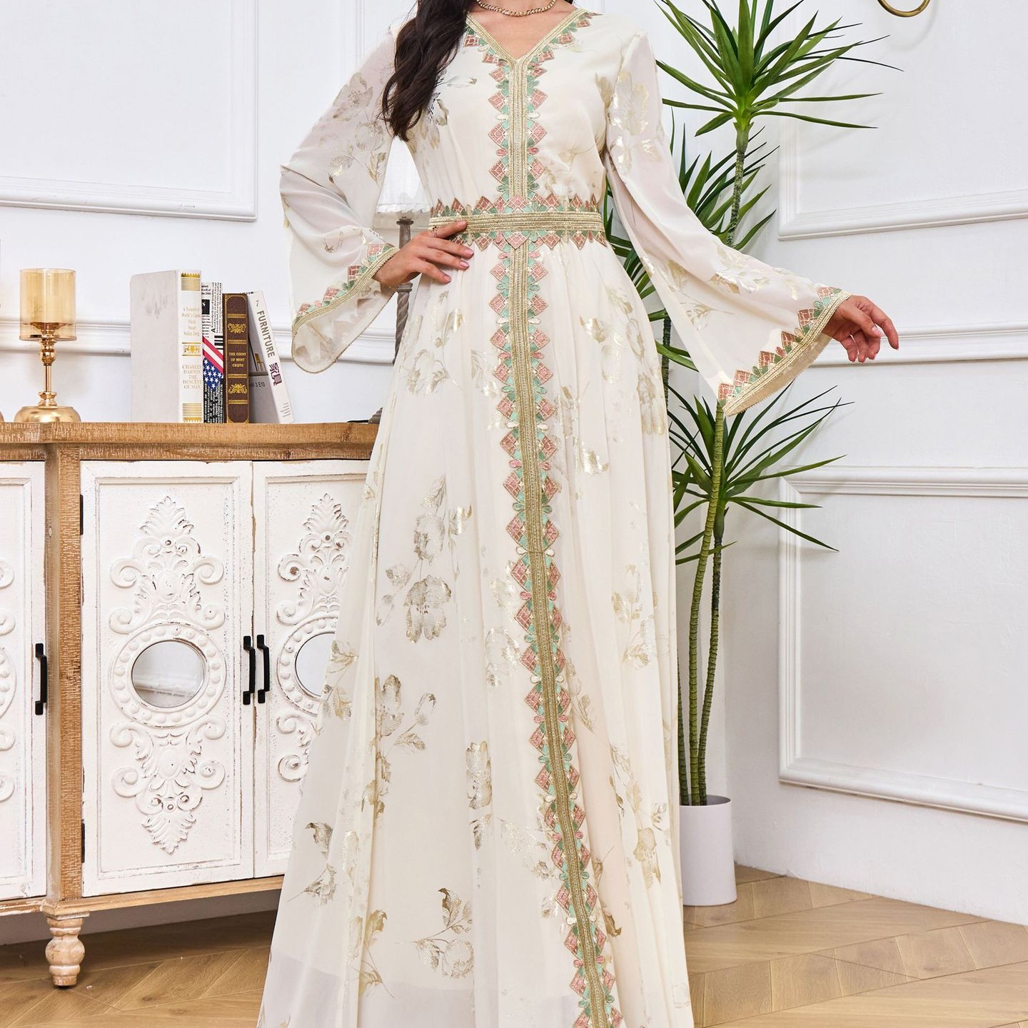 Gilded Embroidered Lace Modern White Dress — image 1