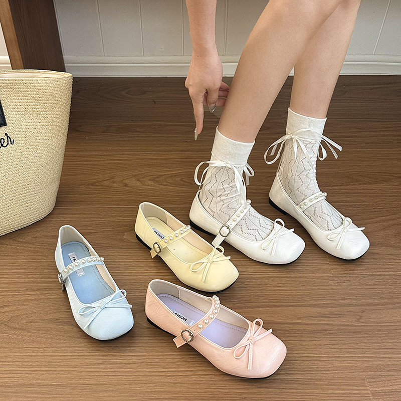 Women Fairy Sweet Pearl Embellished Single BuckleFlats, Square Toe Wrinkled Soft PU Leather Flexible Comfy Slip On Minimalist Spring Pastel Candy Color Lace Sock