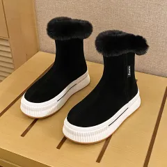 Short Boots Winter British Style Plush Warm Flat Bottomed Leisure - Black - View 1