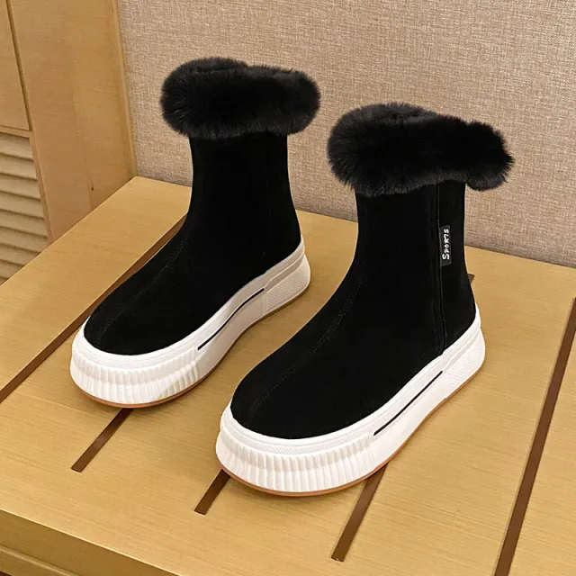 Short Boots Winter British Style Plush Warm Flat Bottomed Leisure Black - Shop at LoveMi