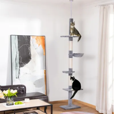 PawHut 9' Adjustable Height Floor-To-Ceiling Vertical Cat Tree - Grey And White