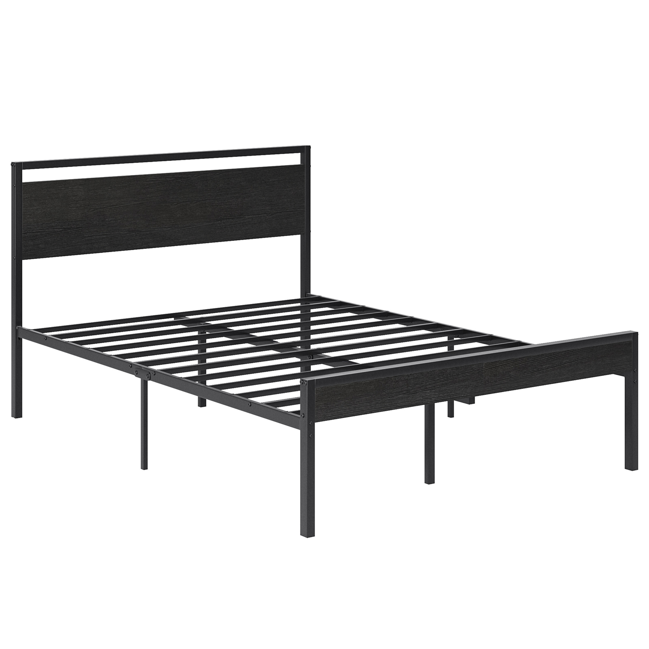 Heavy-duty Metal Platform Bed With Wooden Headboard, Capable Of Supporting 1000 Pounds, And With Storage Space Beneath The Bed.