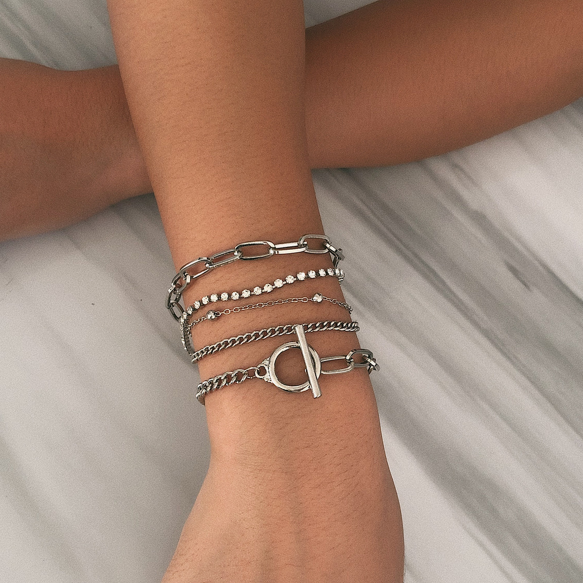 Multi-layer OT Buckle Five-piece Punk Mix And Match Diamond Round Bead Multi-layer Bracelet