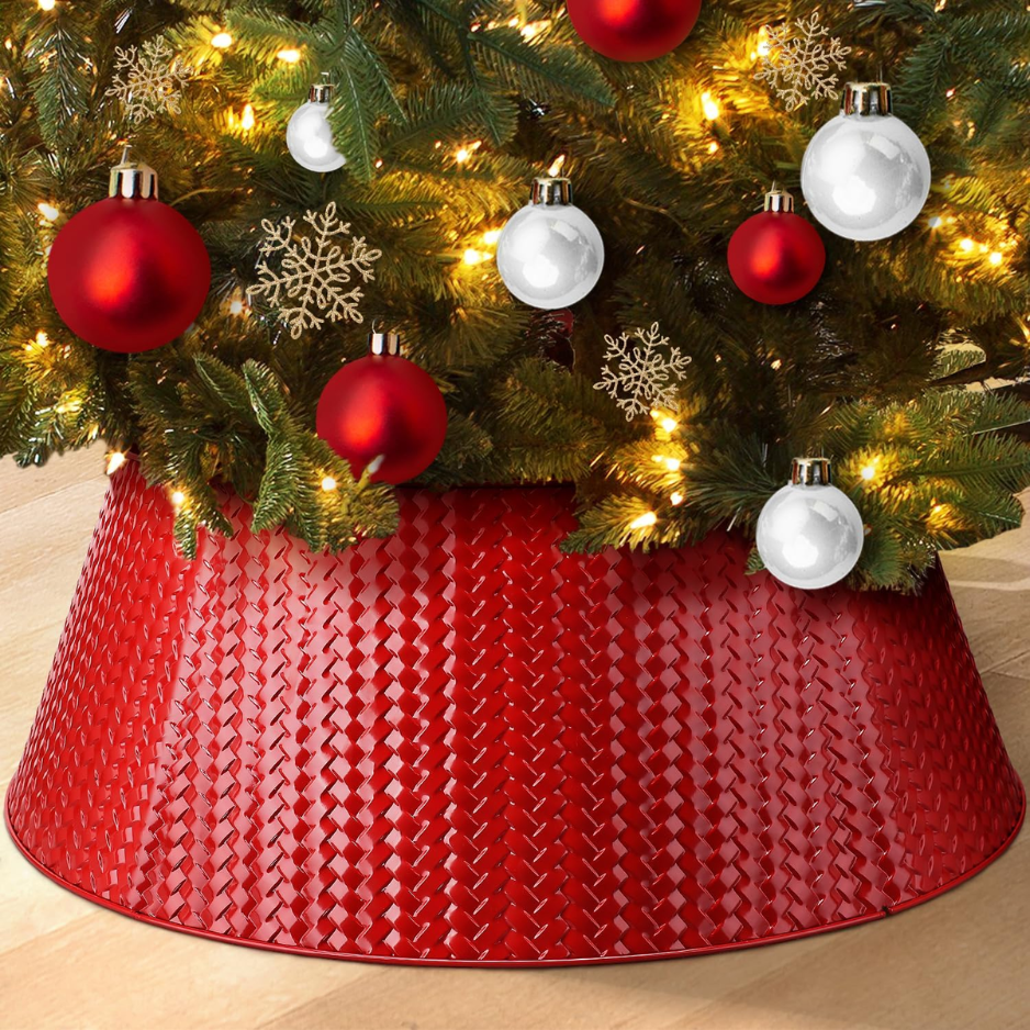 28-Inch Red Metal Christmas Tree Collar Basket For Indoor & Outdoor Decor