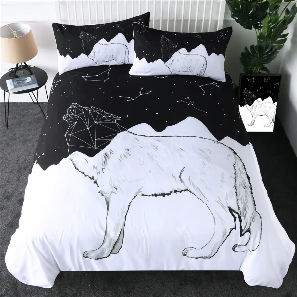 Three-piece Set of Black and White Printed Bed Linen