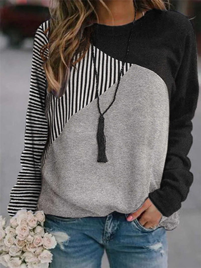 Color Matching Stitching Round Neck Long-sleeved Sweater Women