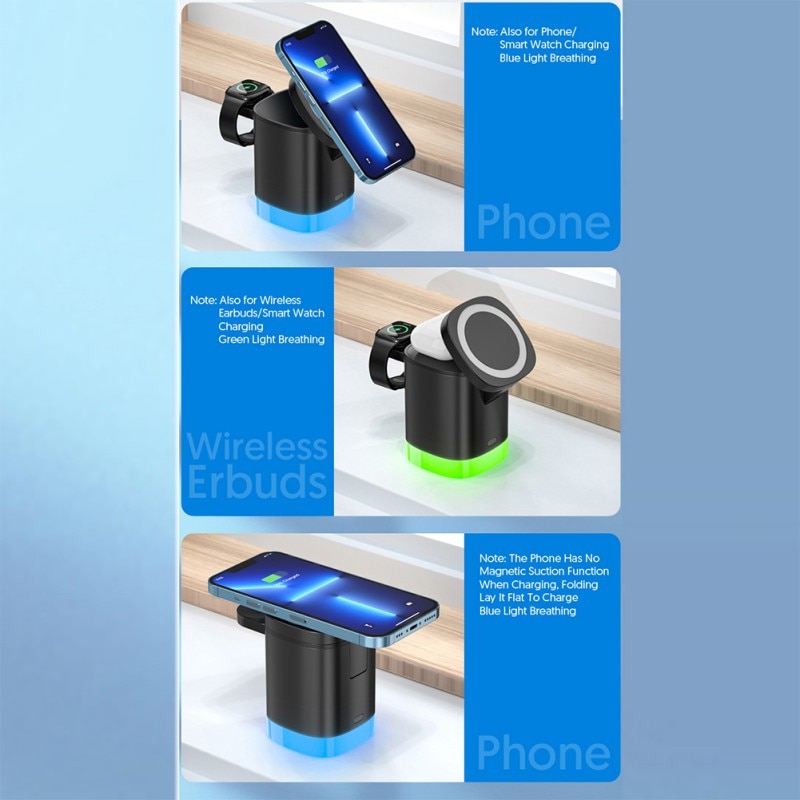 3-in-1 wireless charger for mobile phone, smart watch, and AirPods, sleek design for fast charging.