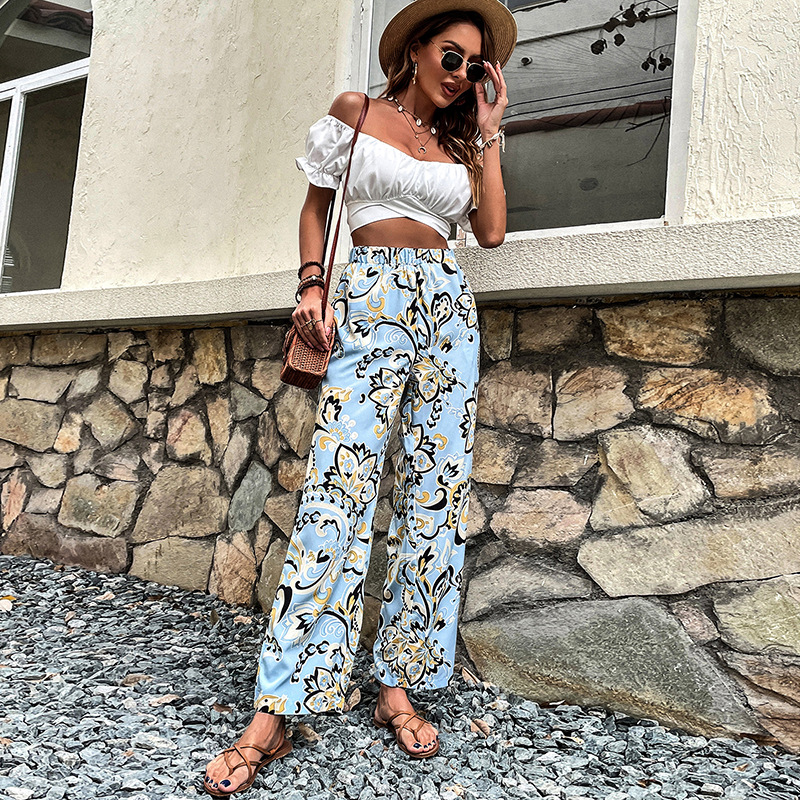 European And American Women's Fashion Floral Print Lace-up Loose Casual Straight-leg Pants Trousers