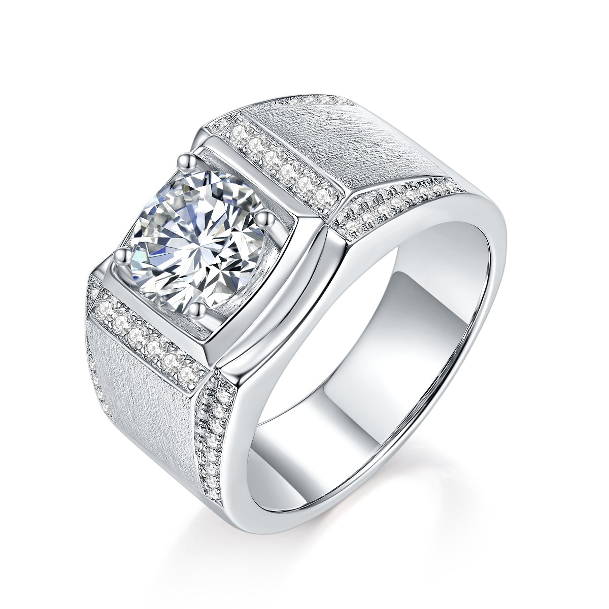 Men's 1 Or 2 Carat Moissanite Ring S925 Sterling Silver  Brushed Finish Wide Band With GRA Certificate, Platinum Plated Jewelry Gift Box Set