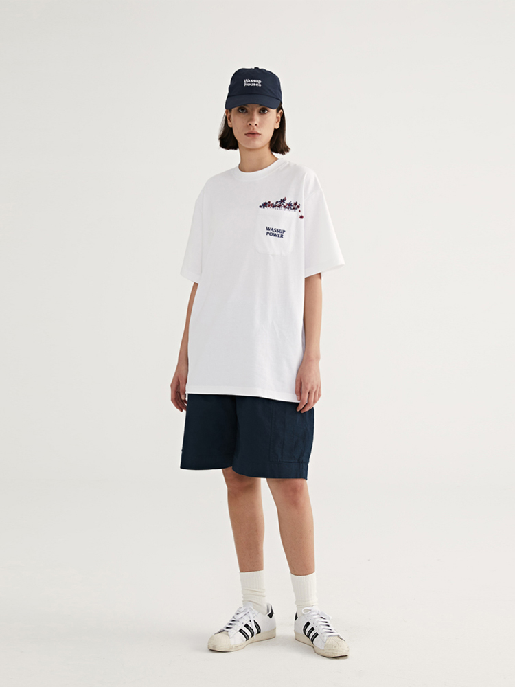 Men's Tide Brand Round Neck Short Sleeve White Flower Embroidery Loose Female Couple Suit