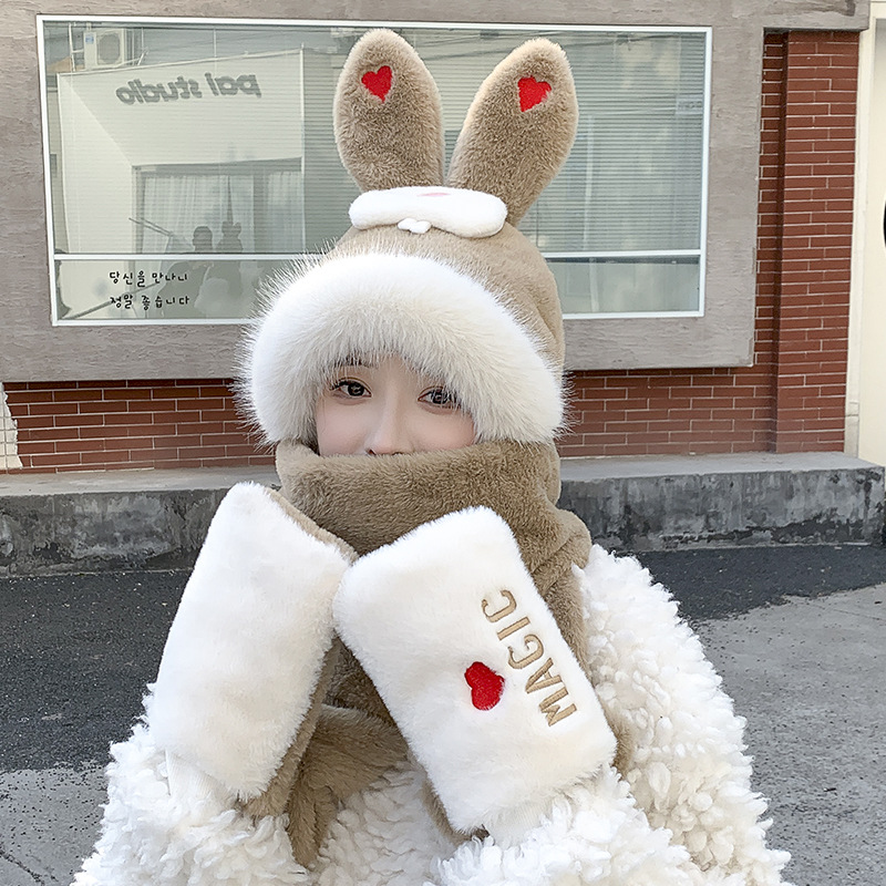 Cute Rabbit Ears Hat One Female Plush Bear Scarf Winter Warm Gloves Three-piece Set