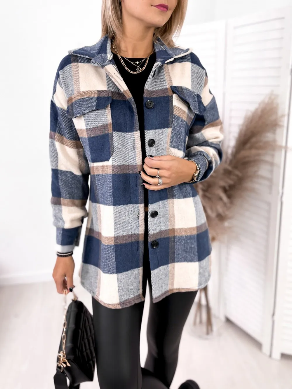Long-sleeved Single-breasted Plaid Print Shirt Collar Woolen Jacket - Blue