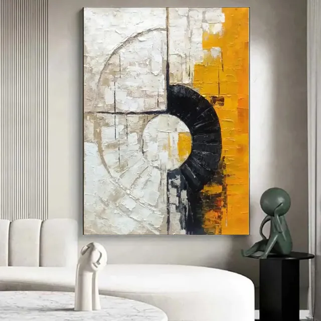 Large Texture Handmade Painting Orange Abstract Art Modern Circle Wall Art Black Textured Art Original Minimalist Oil Painting Without Inner Frame - Shop at LoveMi