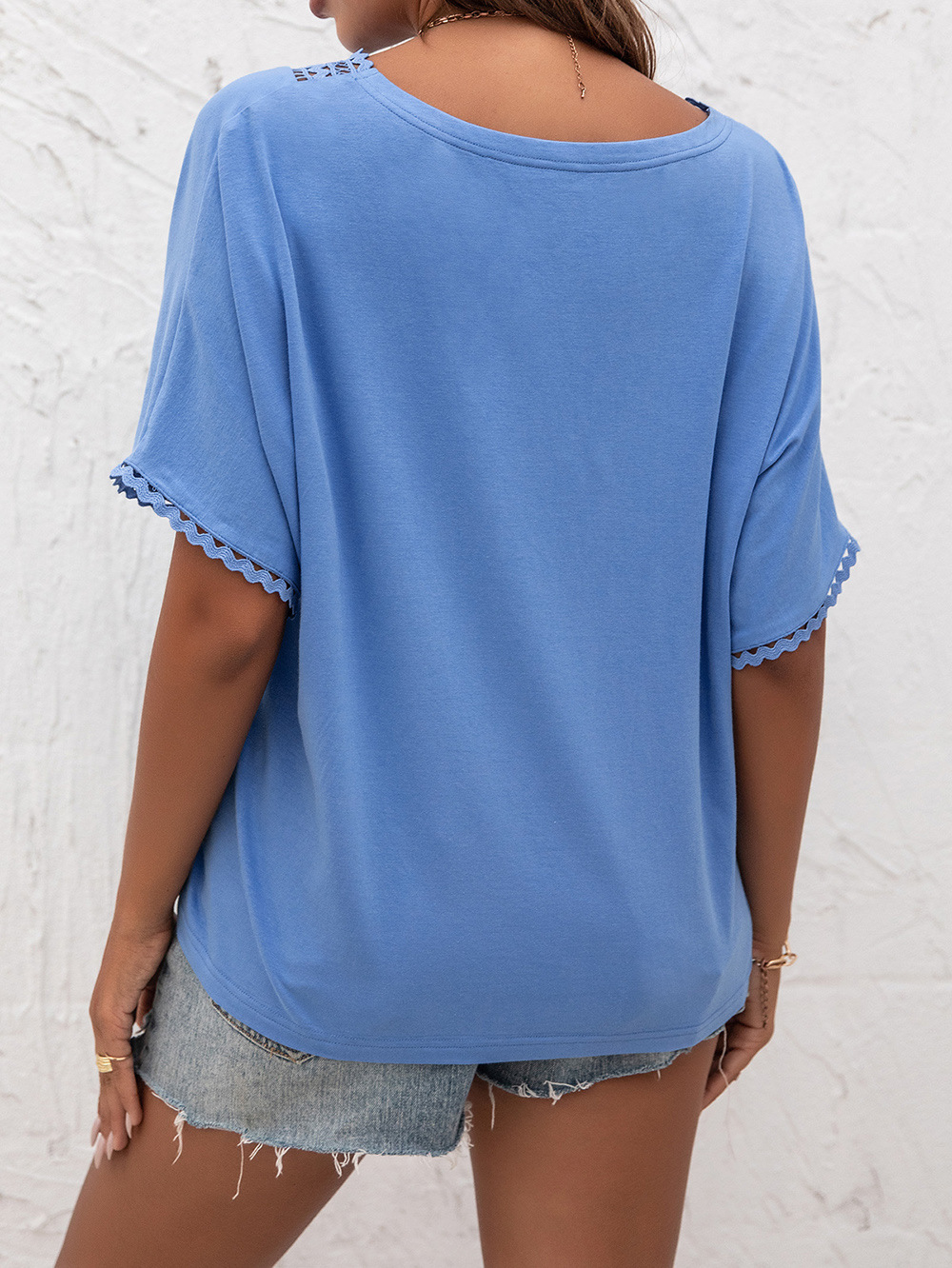 Title 3, Cutout Panel V-Neck Loose Knit Sweater Short Sl...