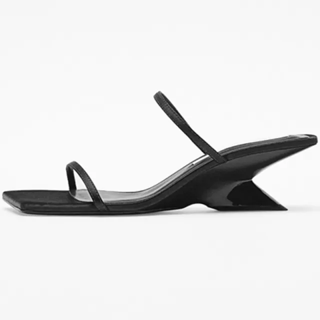 One legged Mid heeled Roman Shoes And Wear All match Thin Strap Open toed Wedge Sandals And Slippers Black - Shop at LoveMi