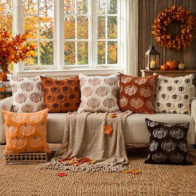 Rust Pumpkin Plush Fall Pillow Cover, 18x18 Inch Soft Autumn Decorative Cushion Cover 2