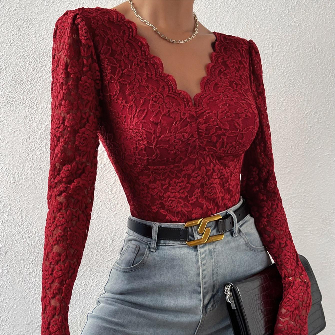 Title 11, Solid Color Lace Long Sleeve Hot Girl See-throu...