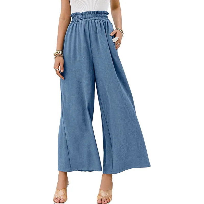 Women Trousers Solid Color Wide Leg High Waist Pants Casual Loose Pants - Gray