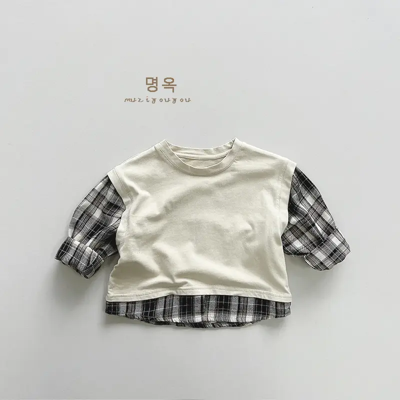 Children's Plaid Colorblock T-shirt Korean Style Mori All-match
