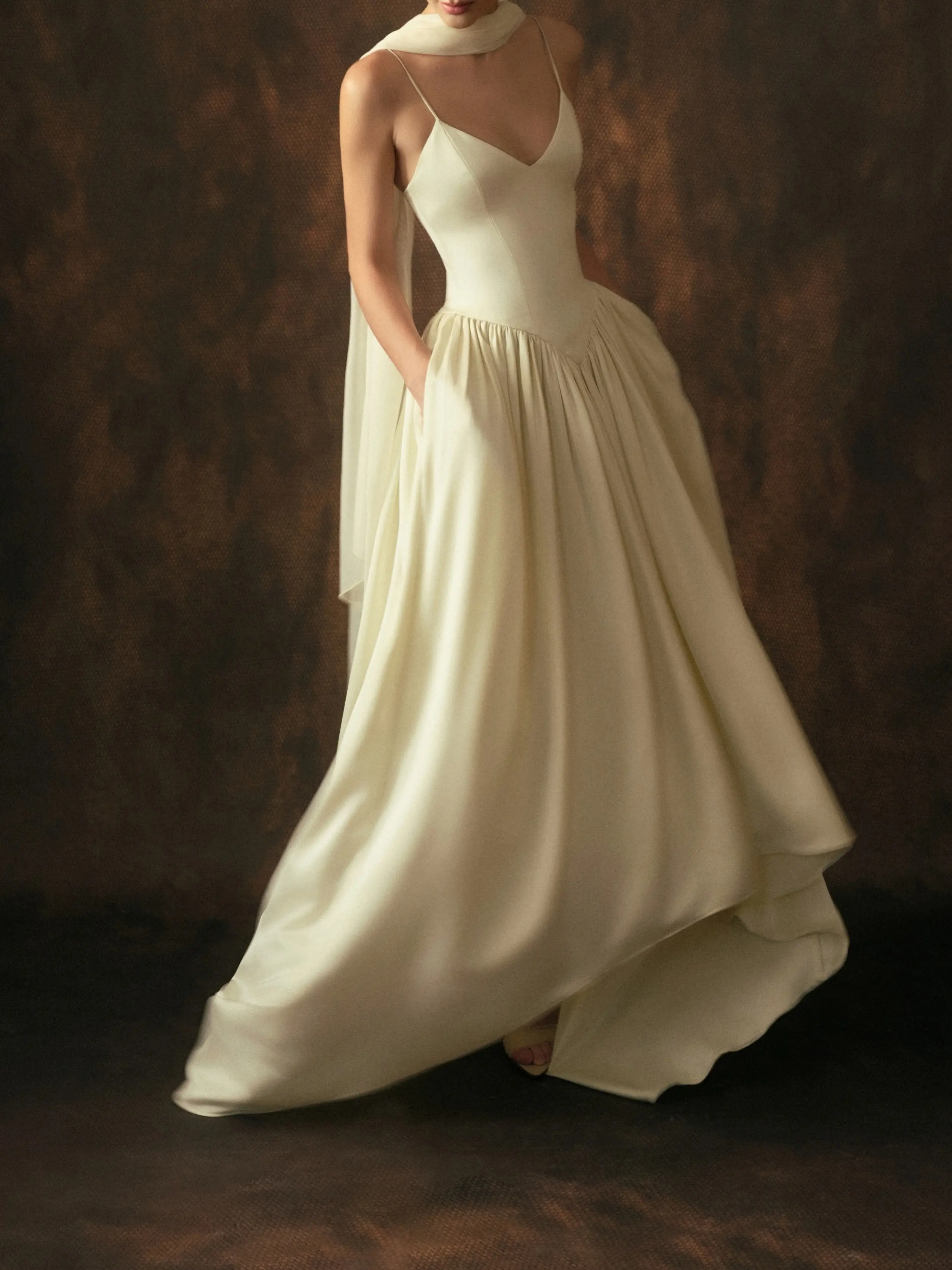 Satin Spaghetti Strap Wedding Evening Gown
