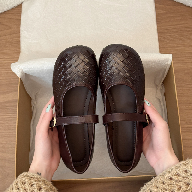 2026 Spring Autumn Woven One-Strap Buckle Granny Shoes, Genuine Leather Mary Jane Versatile Flats Women
