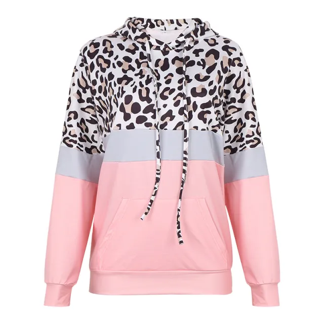 Leopard Print Long Sleeved Hooded Stitching Padded Sweater Pink - Shop at LoveMi