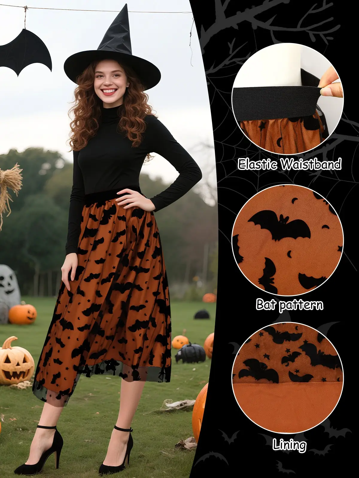 Women's Witchy Tulle Tutu Skirt, Halloween Dress Pumpkin Skirt Velvet Bats Elastic Waist Layered Mesh Midi Skirt Witchy Clothes For Halloween Party Amazon Sales