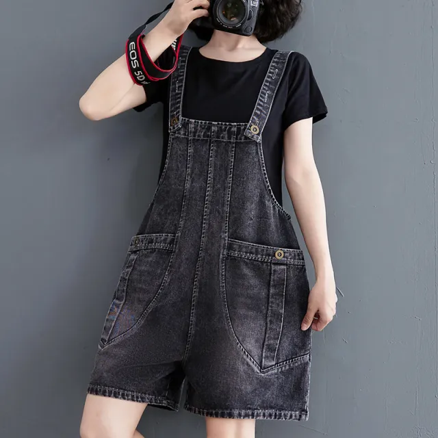 Women's Denim Suspender Loose Fitting Wide Leg Capris Black - Shop at LoveMi