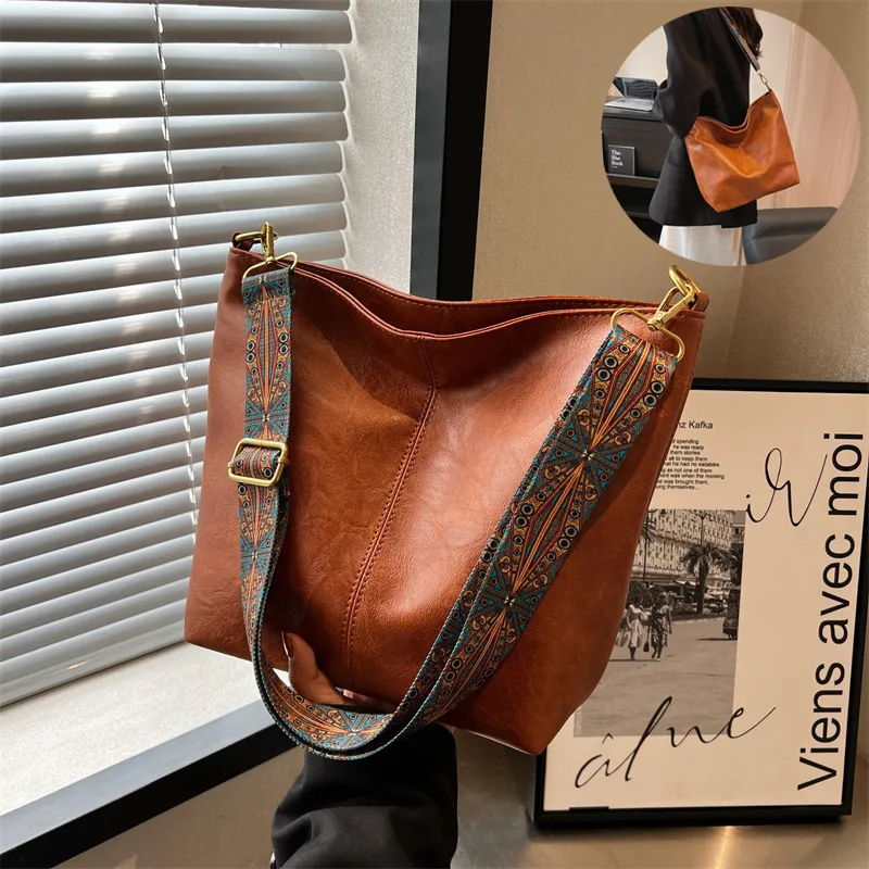Retro Bucket Bag Print Wide Shoulder Strap Messenger Bags