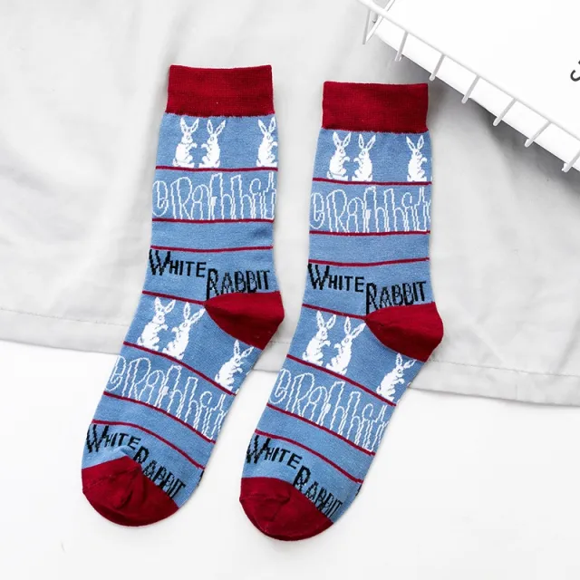Socks Trendy Tube White Rabbit High top Cotton Socks Blue Red Heel - Shop at LoveMi