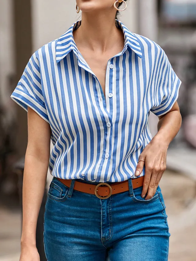 Chemise Rayures Manches Chauve Souris Bouton Blue - Shop at LoveMi