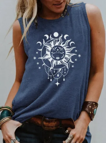 Black And White Pattern Print European And American Sleeveless Vest Blue - Shop at LoveMi