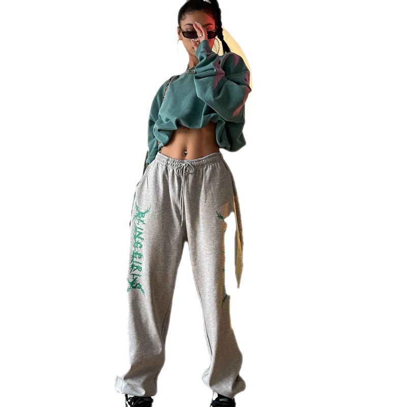 Women's Hip Hop Loose Retro Print Grey Sweatpants