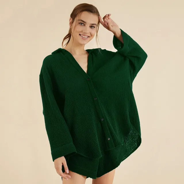 Double Layer Gauze Loose Fitting Shirt Shorts Green - Shop at LoveMi