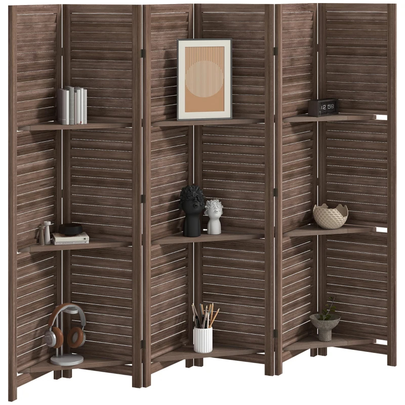 6 Panel Tall Wood Privacy Screen Room Divider With 3 Shelves And Folding Storage For Bedroom, Walnut
