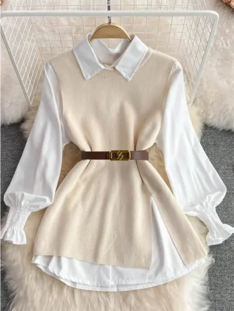Women Vintage Apricot Split Hem Rib Knit Vest