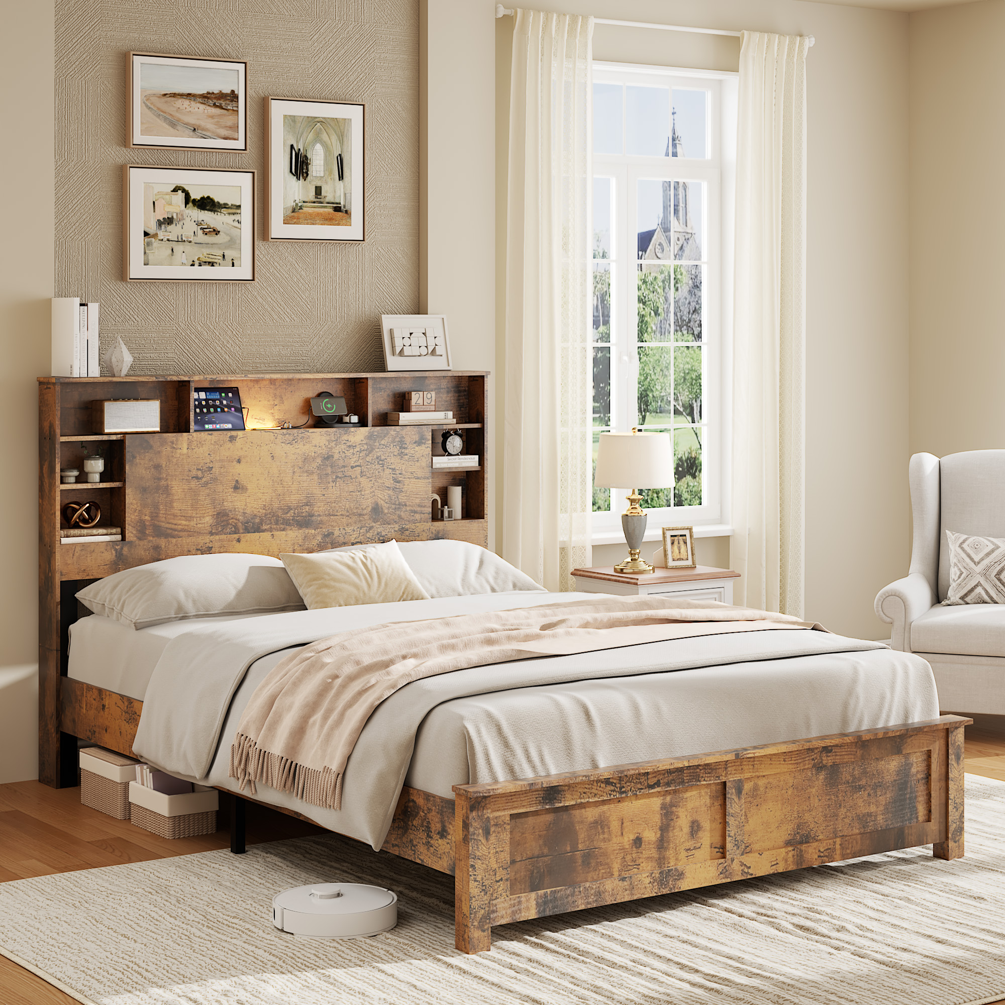 Full Wood Bed Frame With Bookcase Headboard, Charging Station & LED, Dark Brown — foto 6
