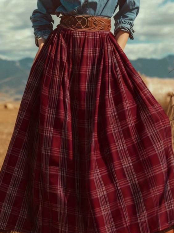 Plaid Pleated Maxi Skirt Casual Midi Skirt