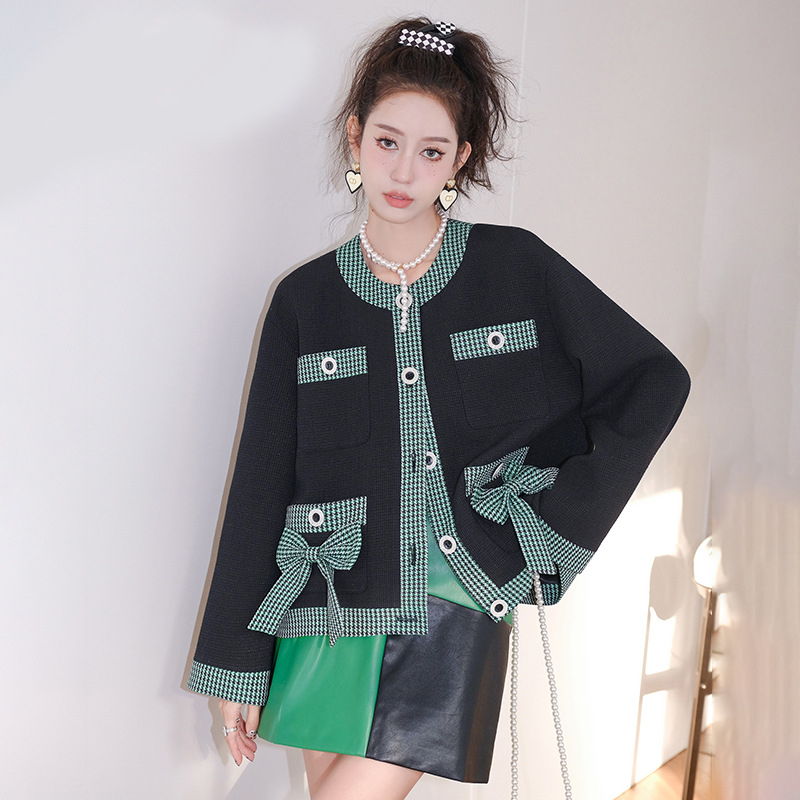 Coat Feminine Personality Checkered Colorblocked Edge Ladies Design Sense Splicing Top