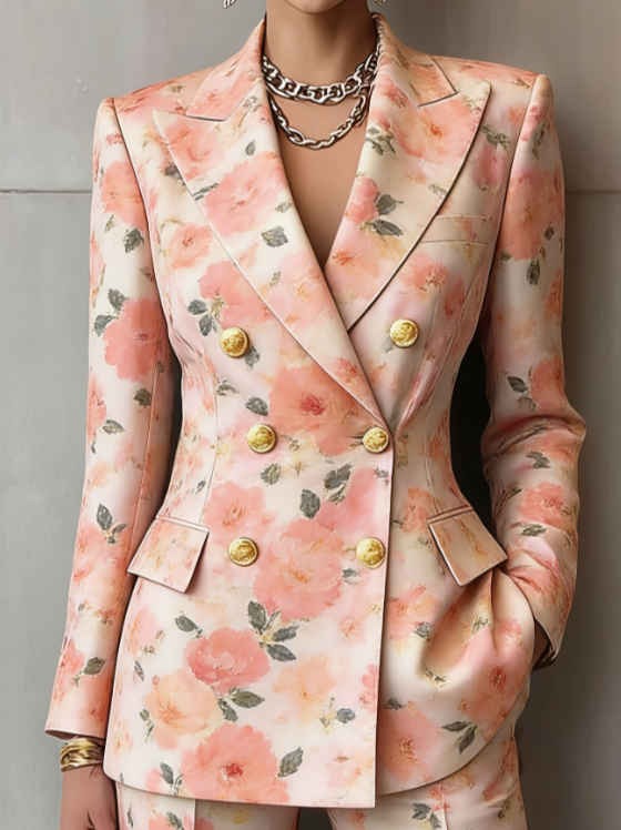 Retro Geometric Double-breasted Suit Jacket For Women, Long-sleeved, Slim Fit, Suitable For Commuting.
