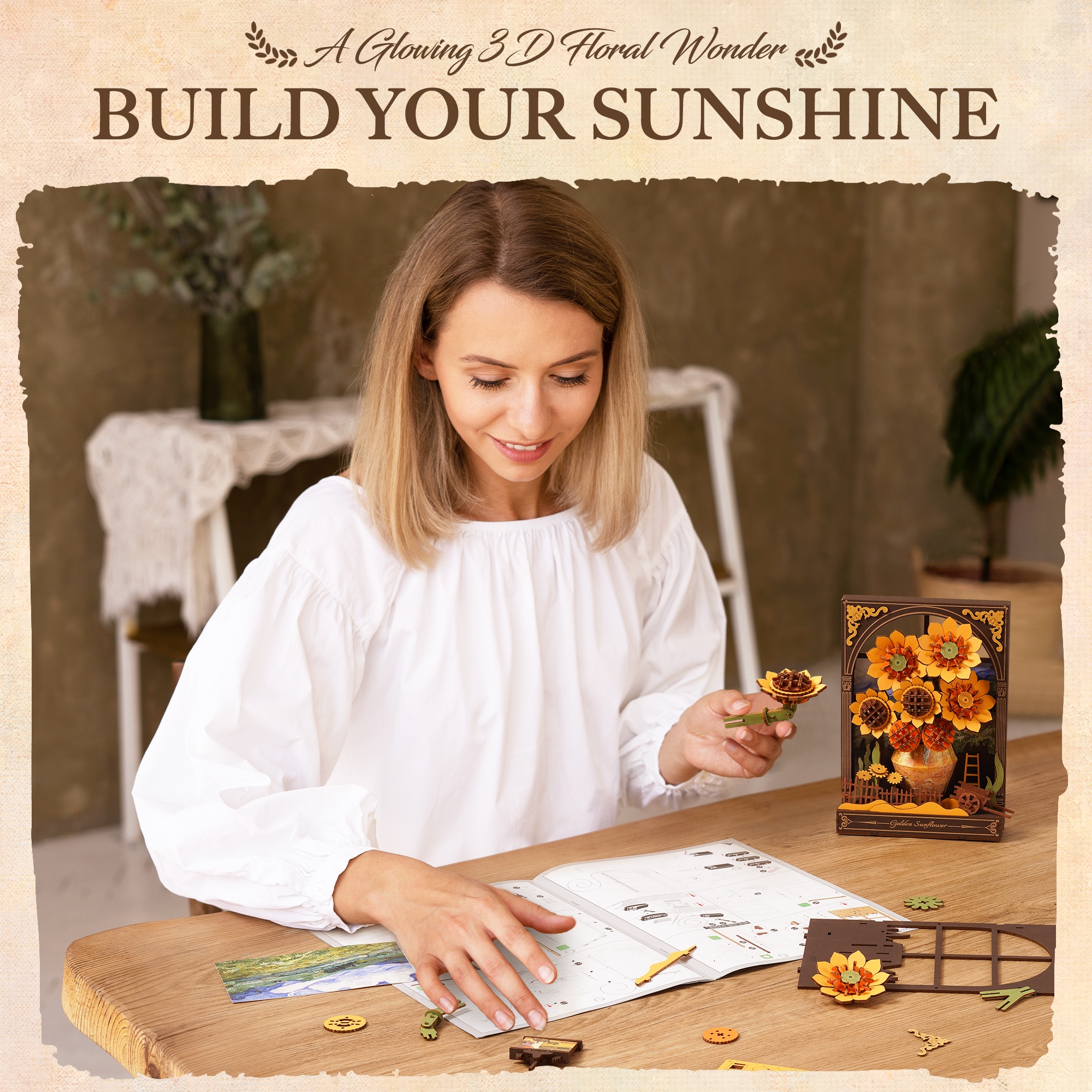 ROWOOD 3D Wooden Flower Puzzle - Flower Model With LED Lights,Desktop And Wall Display,Decorative Holiday And Birthday Gift, Artistic Flower DIY Kit For Adults And Teens