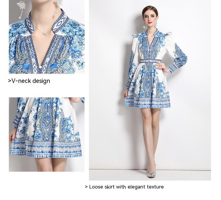 V-neck Single Breasted Lantern Sleeve Waist Dress - 10