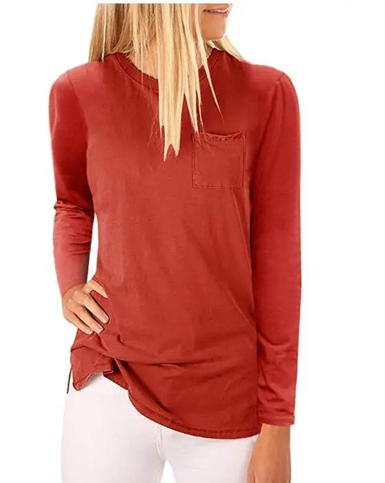 New Solid Color Round Neck Slim Mid-length Pocket T-shirt Bottoming Shirt - Red
