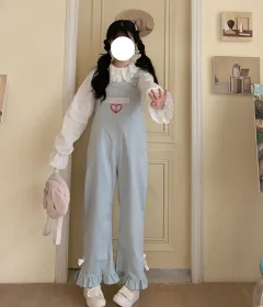 Spring And Summer Japanese Soft Girl Bow Loose Cute Overalls - Lace Blue - View 1