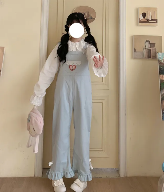Spring And Summer Japanese Soft Girl Bow Loose Cute Overalls Lace Blue - Shop at LoveMi
