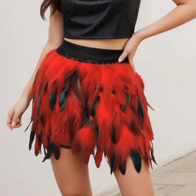 Women's Unique Faux Feather Asymmetrical Mini Skirt Gothic Party Dance Skirt For Summer Events Red - Shop at LoveMi