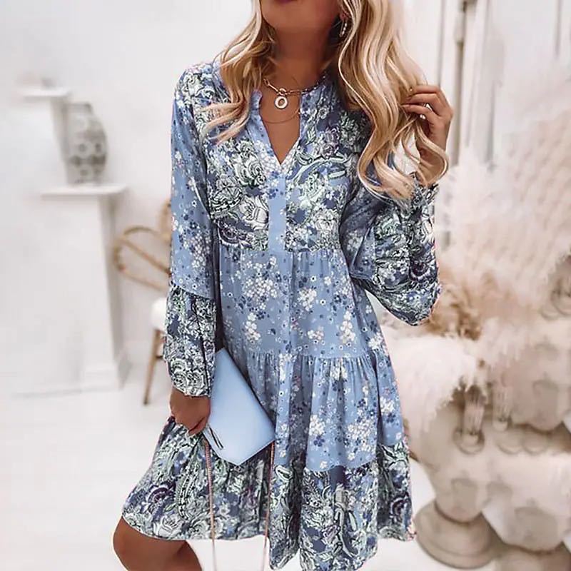 Boho Floral Patchwork Long-Sleeve Mini Dress — product details and sizing image 2